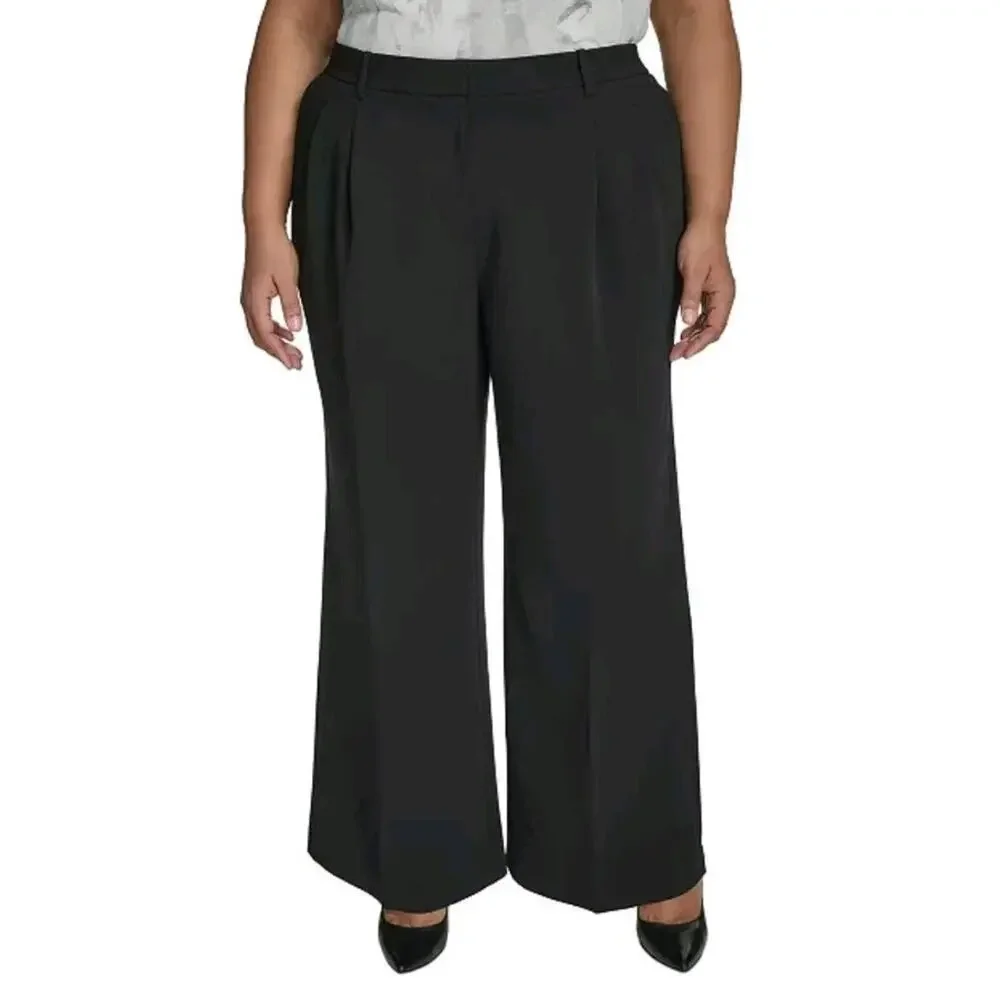 DKNY Women's Black Solid High Rise Wide Leg Career Dress Pants Size 2 NWOT